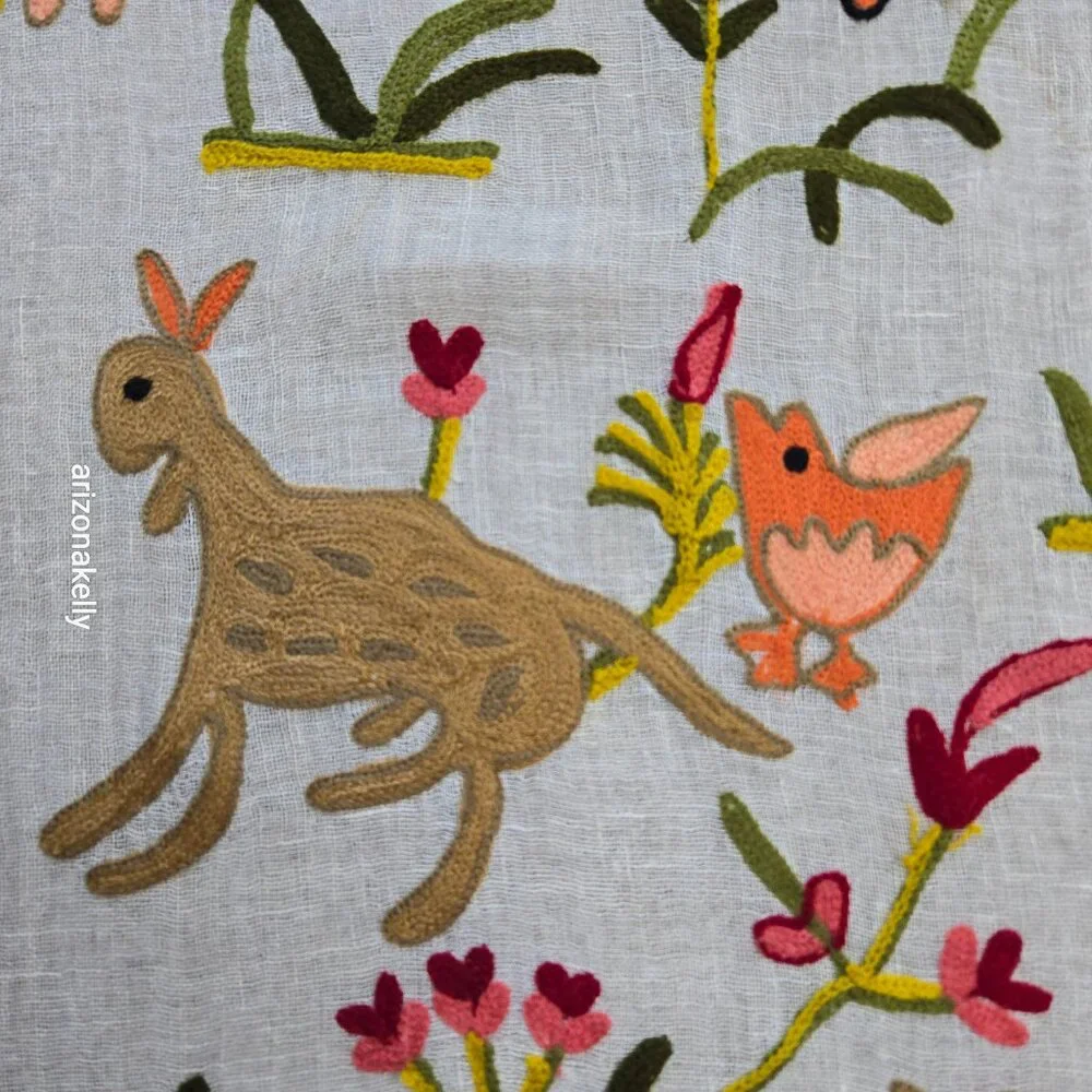 Tolani Linen Scarf Embroidered With Whimsical Animals and Plants
